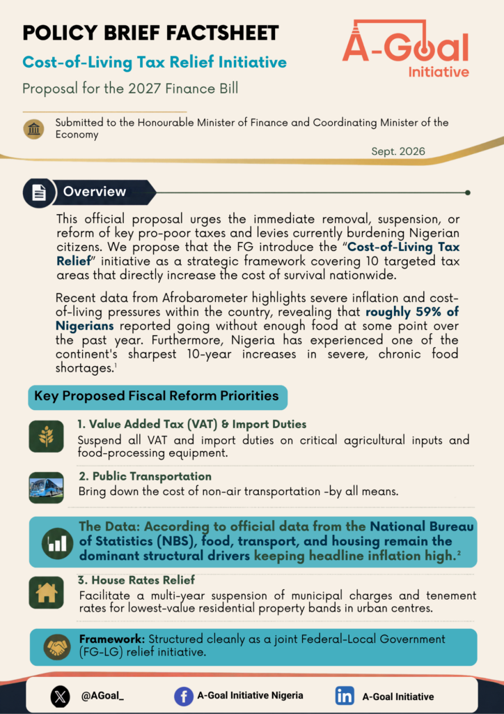 A-Goal Initiative Proposes Cost-of-Living Tax Relief Measures for Nigeria’s 2027 Finance Bill